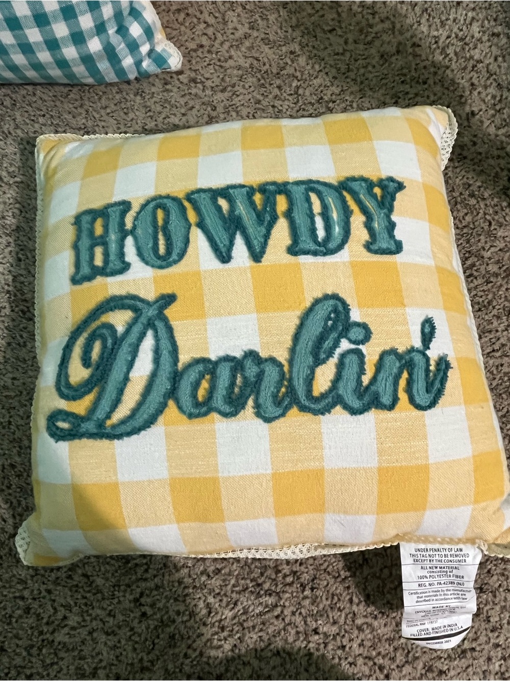 The Pioneer Woman Yellow Gingham Pillow with Teal Embroidered 'Howdy Darlin''